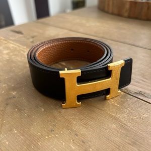 Hermes Noir/Gold Box and Togo Leather Hammered Finish H Buckle Reversible Belt